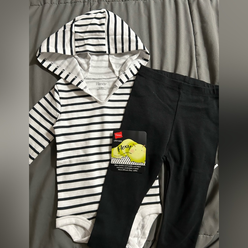 Hanes Black and White Striped Hoodie Leggings Set Size 12-18M